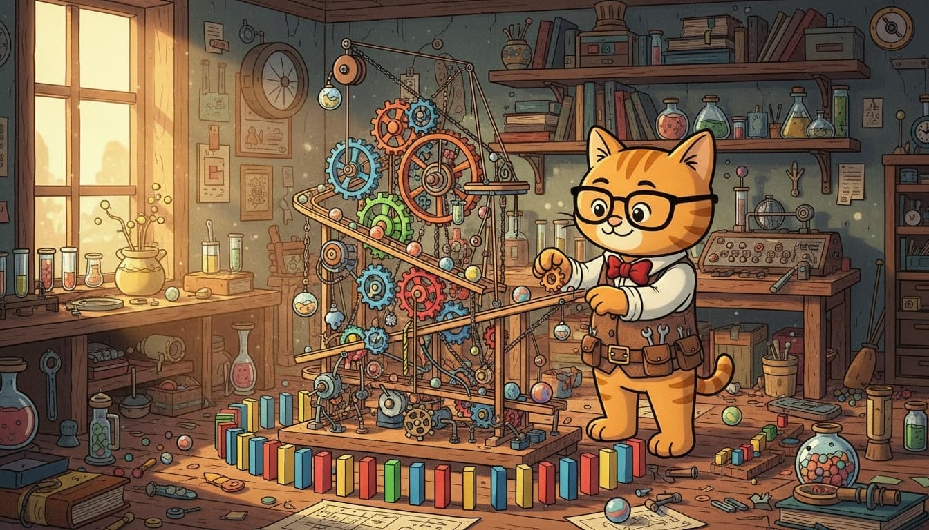 Benny the inventor cat standing next to his Rube Goldberg machine, ready to build